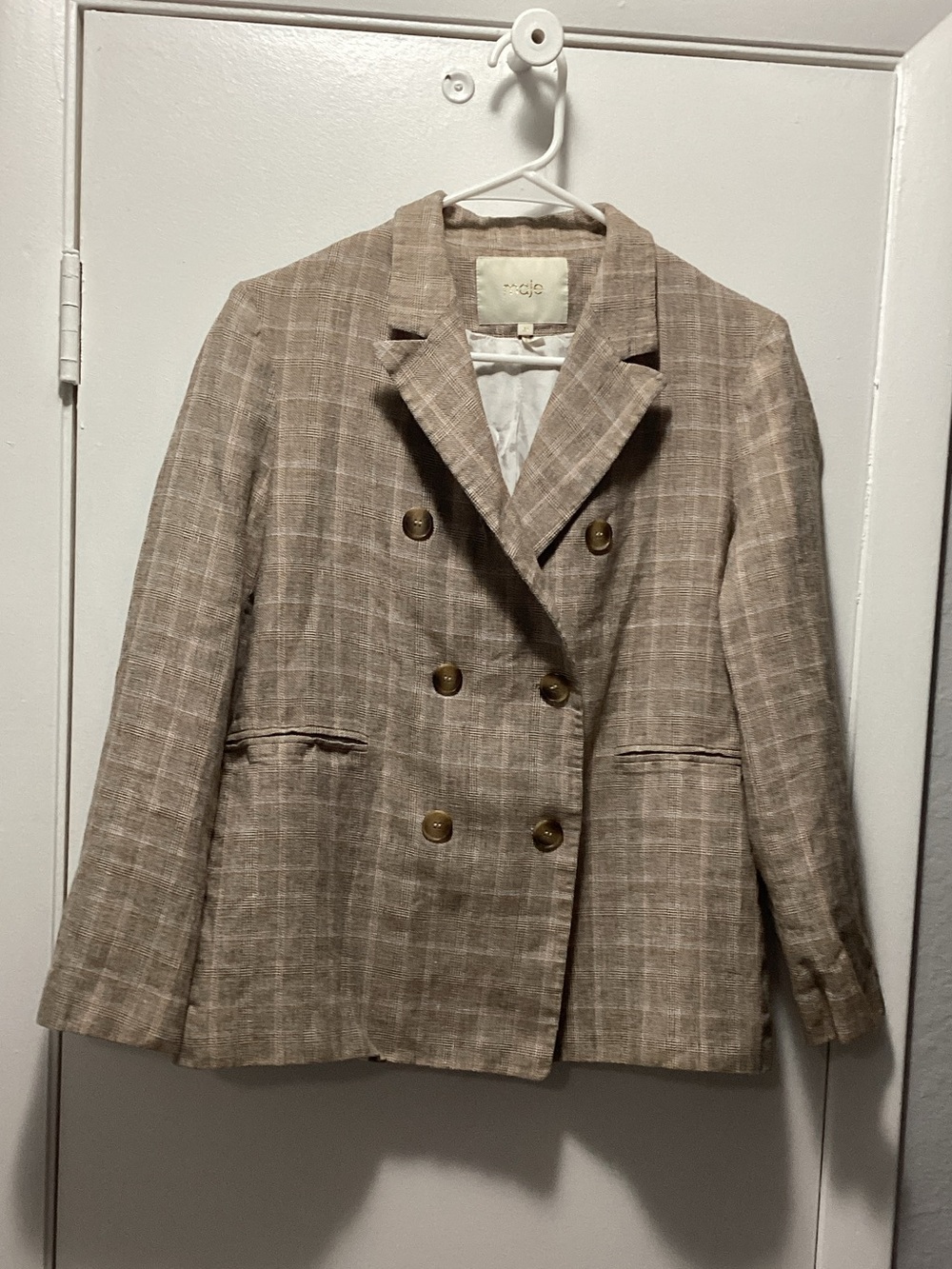 Maje Double-Breasted Plaid Blazer in Beige Taupe